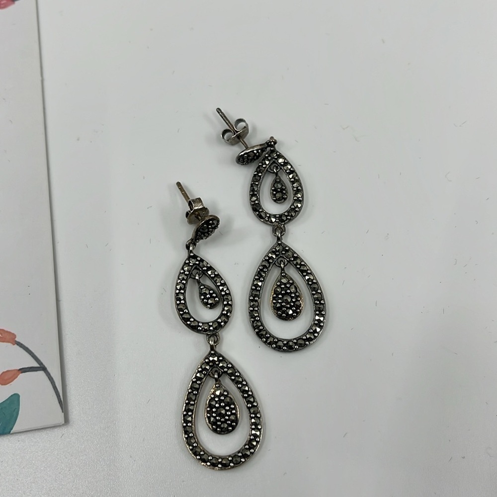 Suspicion Marcasite 🖤 Sterling Silver Teardrop Stud Earrings 🌟 - Picture 10 of 13
